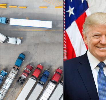 Class 8 truck on highway with tariff announcement overlay
