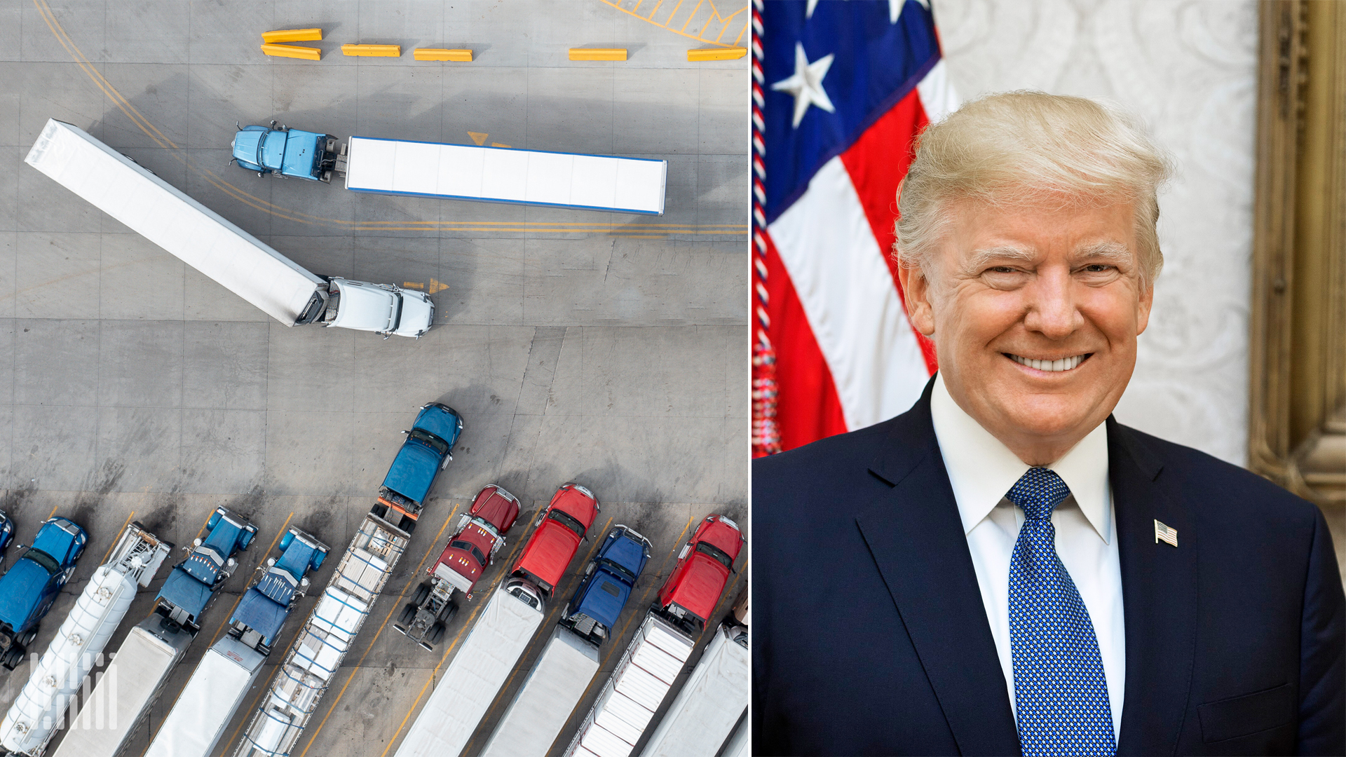 Class 8 truck on highway with tariff announcement overlay